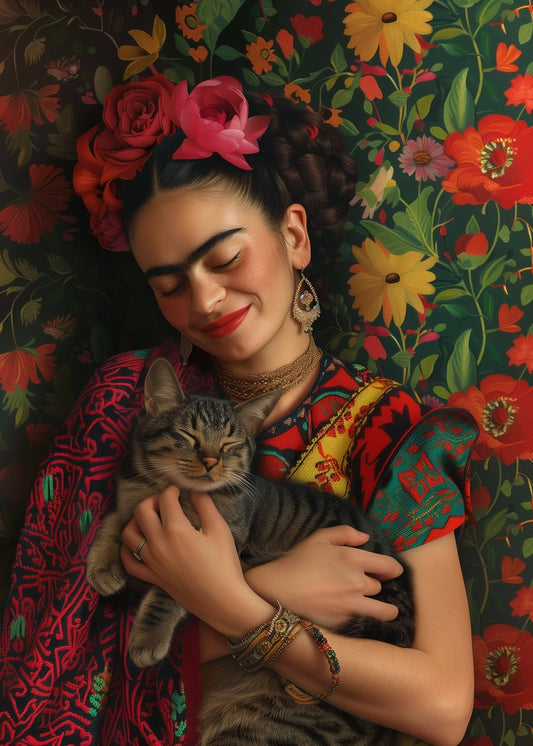Frida Kahlo: Frida Kahlo kissan kanssa | Kaart Fripperies - Lempi Lifestyle