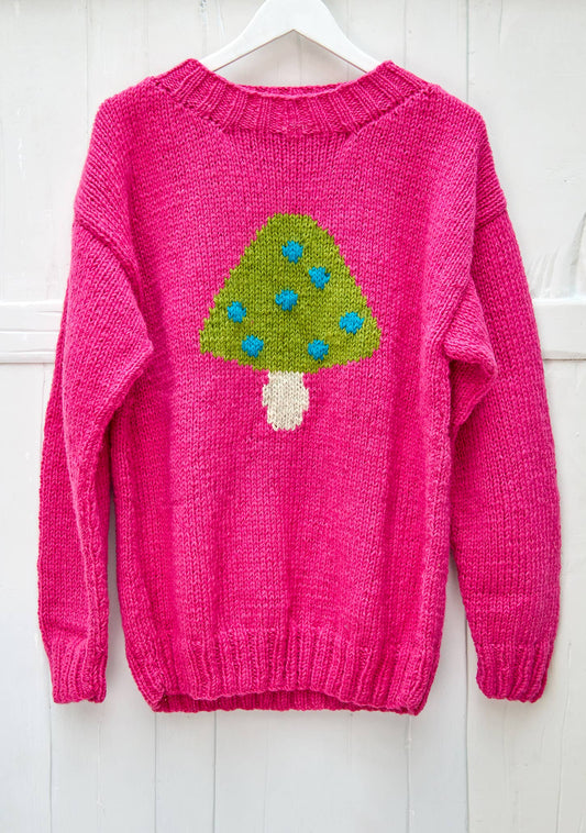 Käsinneulottu chunky neule – pinkki sieni-kuvioinen villapaita, one size