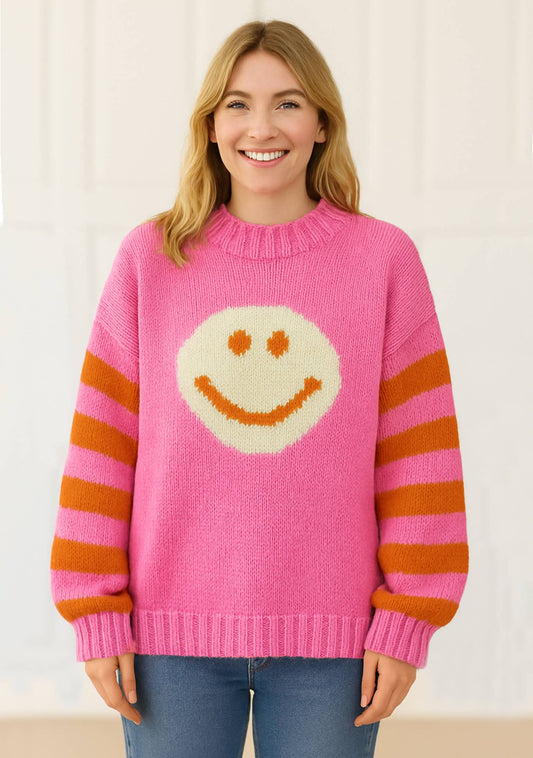 Käsinneulottu villapaita I pinkki smiley-kuvio ja raidalliset hihat, 100 % lampaanvillaa