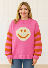 Käsinneulottu villapaita I pinkki smiley - kuvio ja raidalliset hihat, 100 % lampaanvillaa - Lempi Lifestyle
