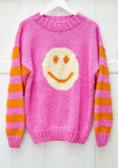 Käsinneulottu villapaita I pinkki smiley - kuvio ja raidalliset hihat, 100 % lampaanvillaa - Lempi Lifestyle