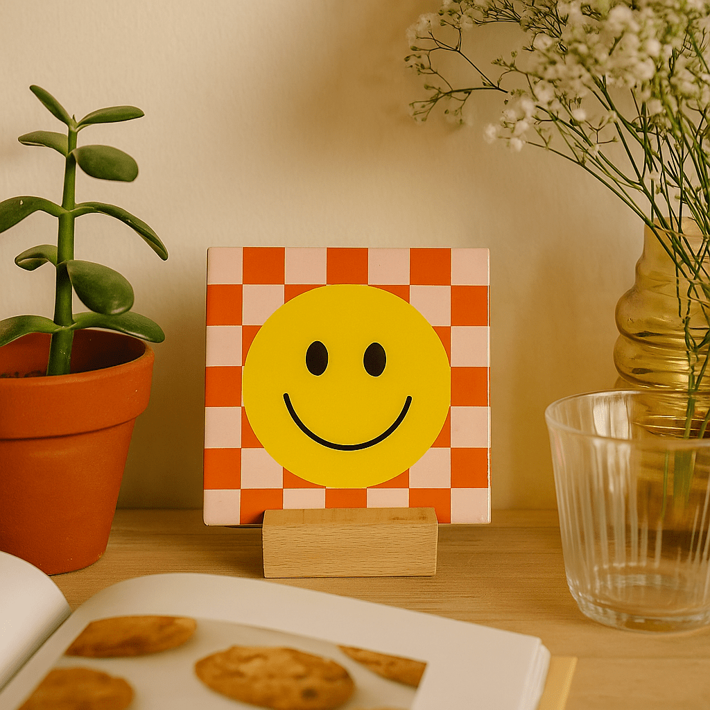 Keraamiset koristelaatat - smiley hymynaama ruudukolla - Lempi Lifestyle