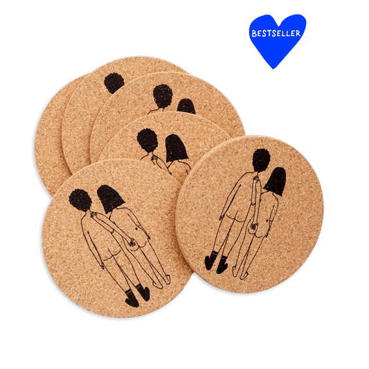 Korkkiset lasinalustat 6 kpl - Naked Couple back, helen b - Lempi Lifestyle