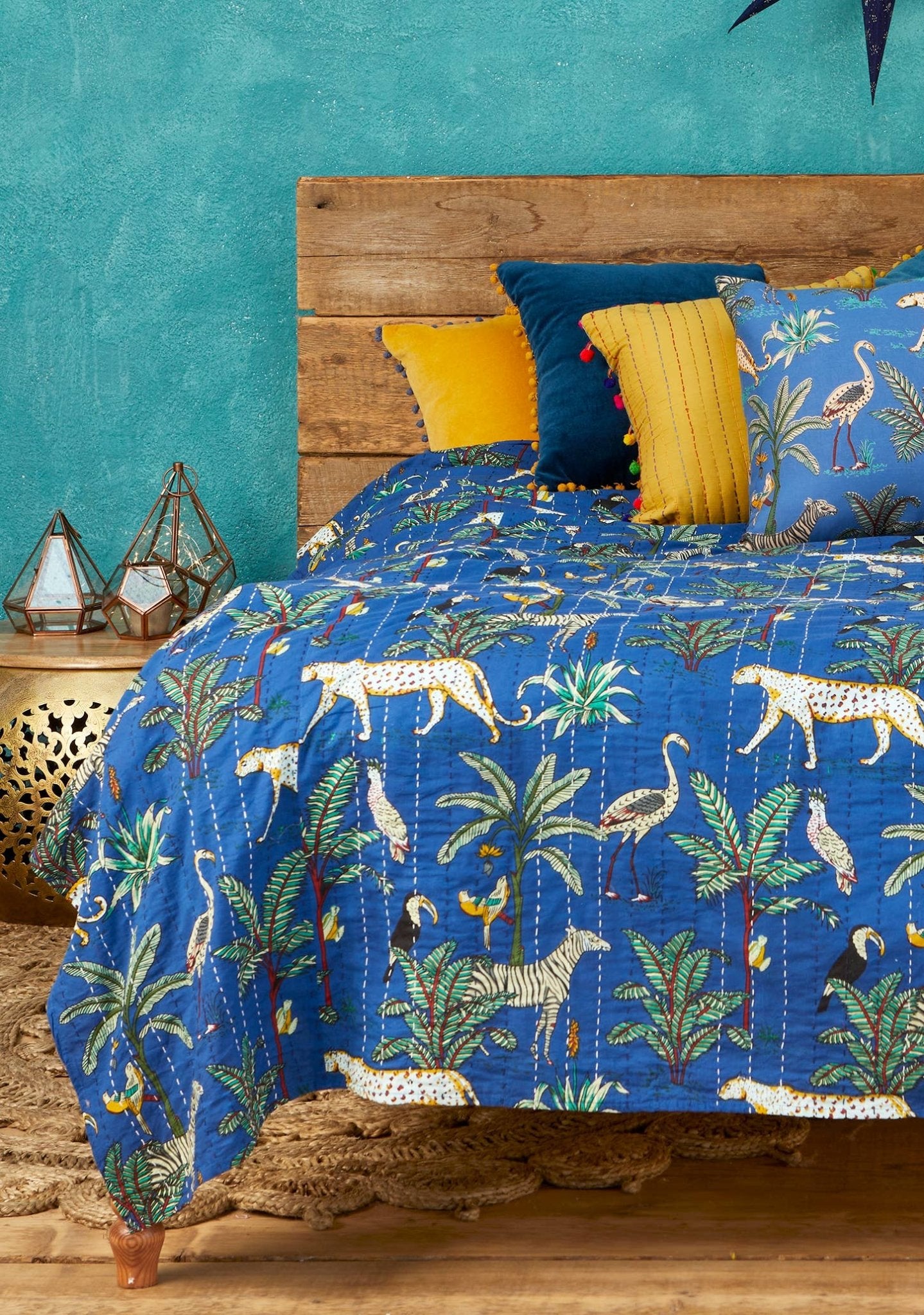 Päiväpeitto Jungle, sininen 200 x 230 cm - Lempi Lifestyle