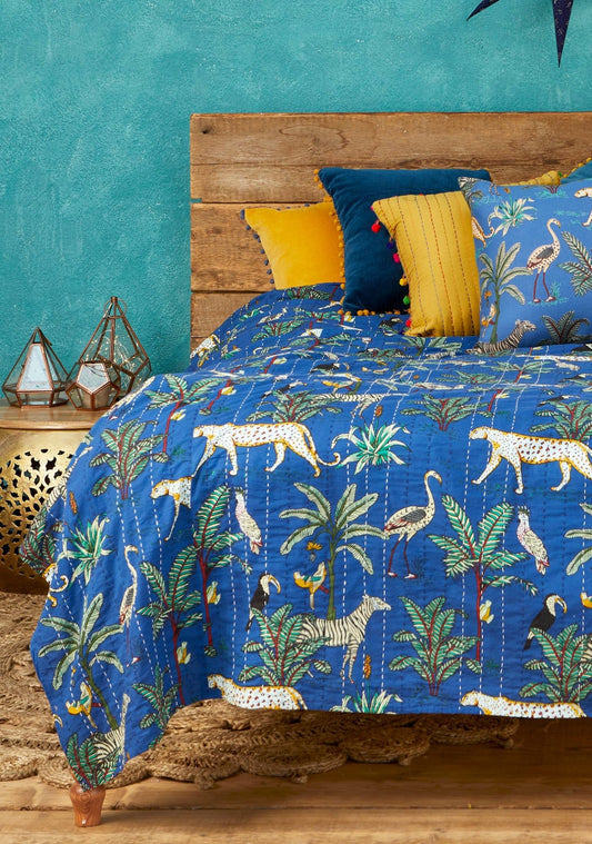Päiväpeitto Jungle, sininen 200 x 230 cm - Lempi Lifestyle