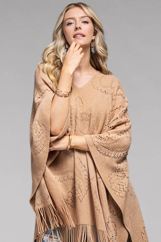 Poncho Neulosta, Hapsuilla - paisley - kuvio, beige - Lempi Lifestyle