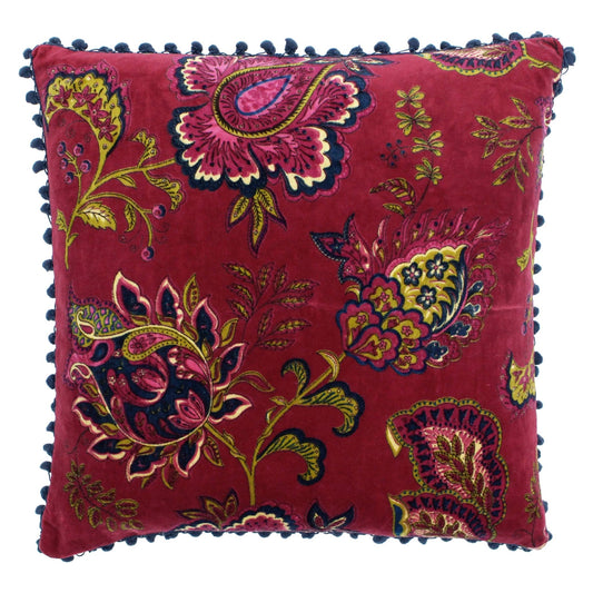 Samettityyny paisleykuviolla ja pompom - koristeilla I viininpunainen 50 x 50 cm - Lempi Lifestyle