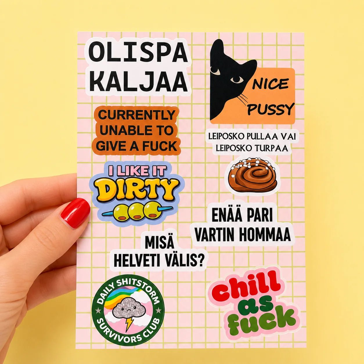 Tarra-arkki A6 vinyylitarrat - hauskoja, humoristisia tarroja 8 erilaista - Lempi Lifestyle